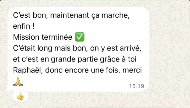 Capture WhatsApp de Thomas Milano : mission terminée